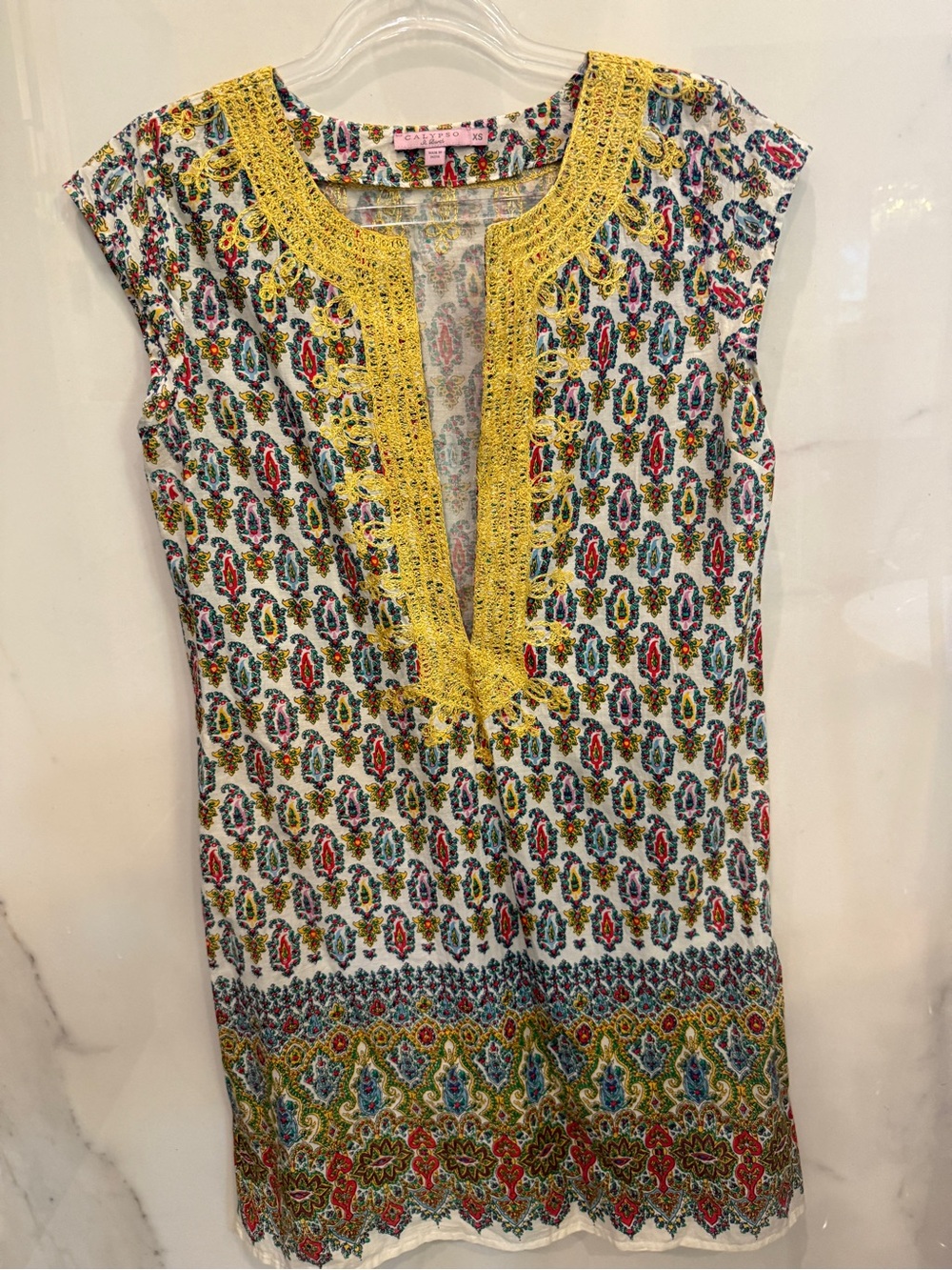 Calypso St. Barths Crochet-Trim Printed Tunic Dress in Yellow & Multicolor